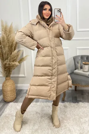 Lollie Beige Padded Button Up Hooded Longline Coat