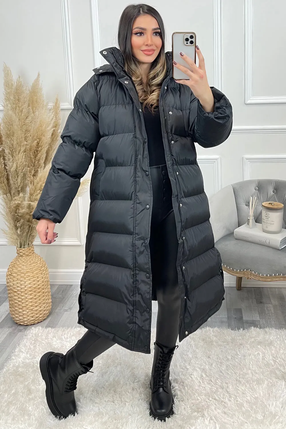 Lollie Black Padded Button Up Hooded Longline Coat