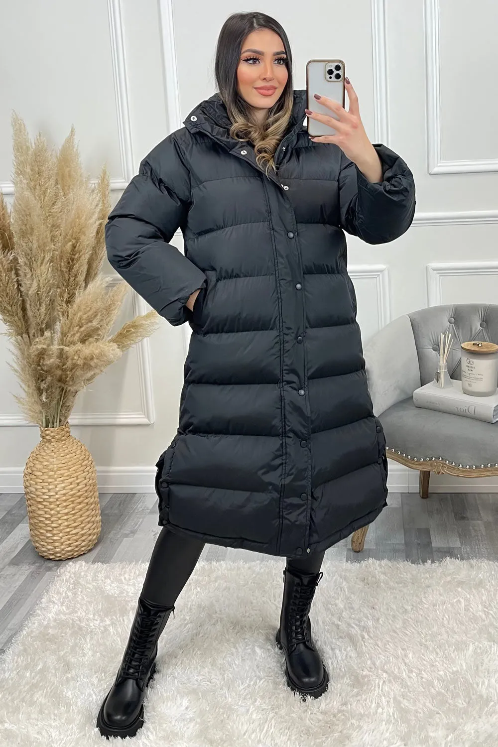 Lollie Black Padded Button Up Hooded Longline Coat