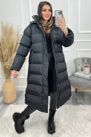 Lollie Black Padded Button Up Hooded Longline Coat