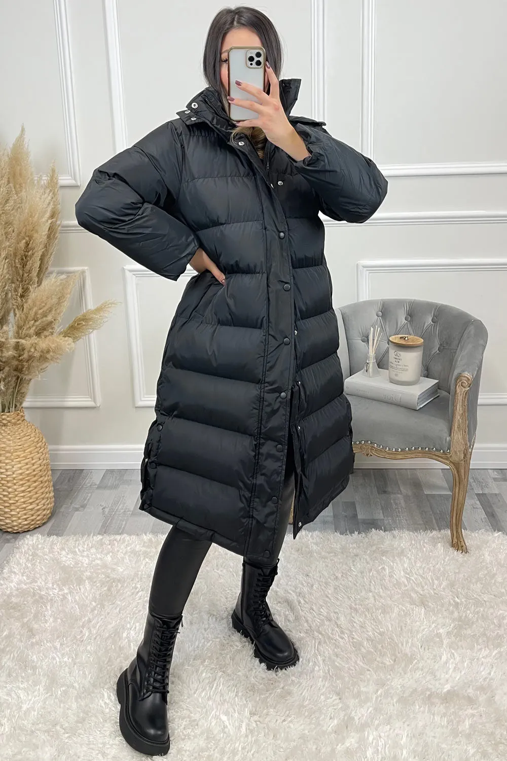 Lollie Black Padded Button Up Hooded Longline Coat
