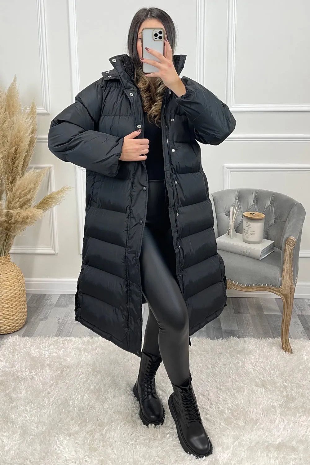 Lollie Black Padded Button Up Hooded Longline Coat