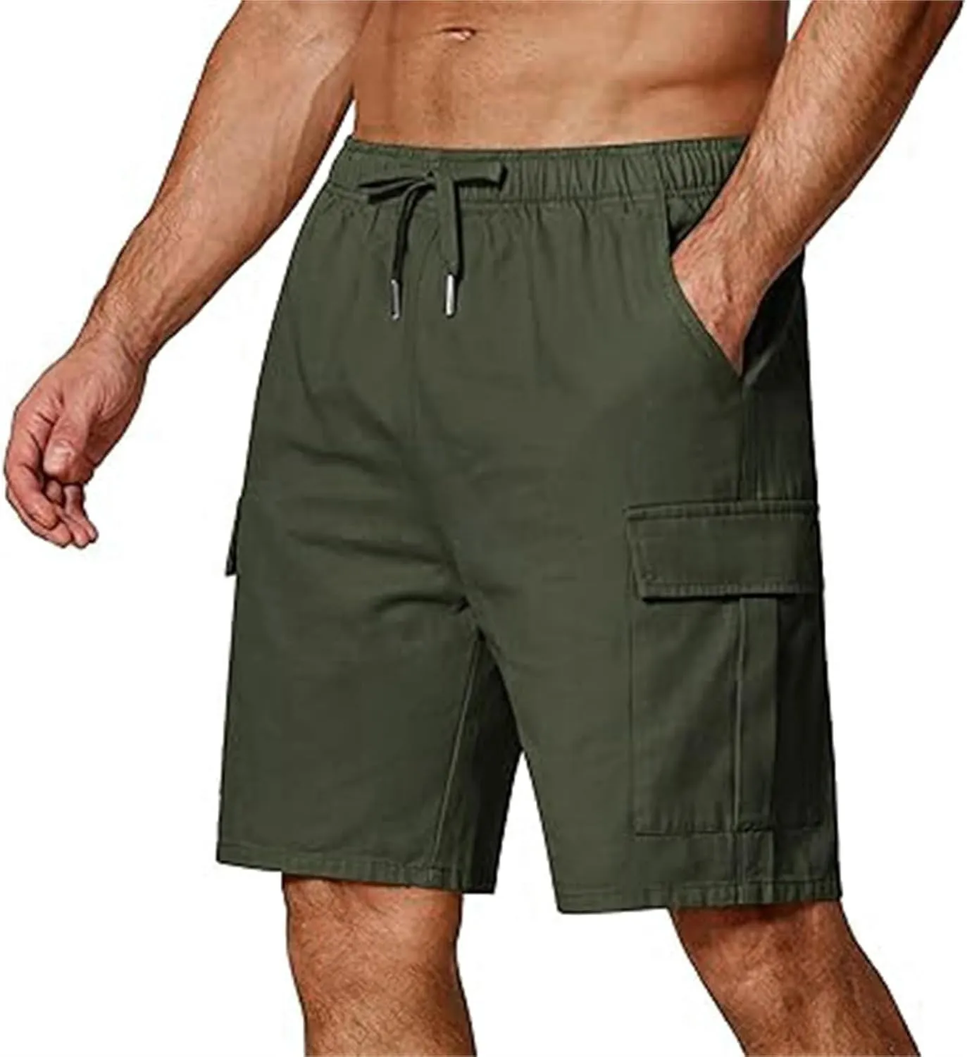 Men's Cargo Shorts Stretch Drawstring Athletic Shorts Plain Slim Fit Pants Summer Fashion Simple Pants with Pockets