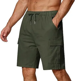 Men's Cargo Shorts Stretch Drawstring Athletic Shorts Plain Slim Fit Pants Summer Fashion Simple Pants with Pockets