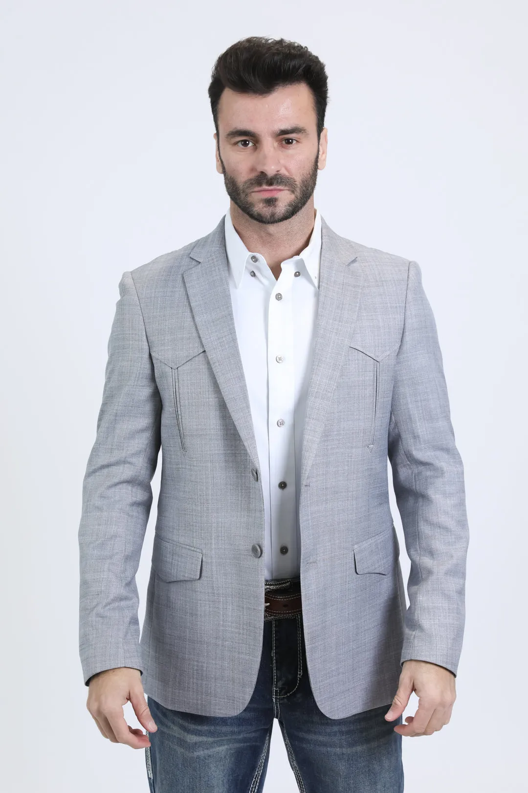 Men's Double Button Western Silver Blazer