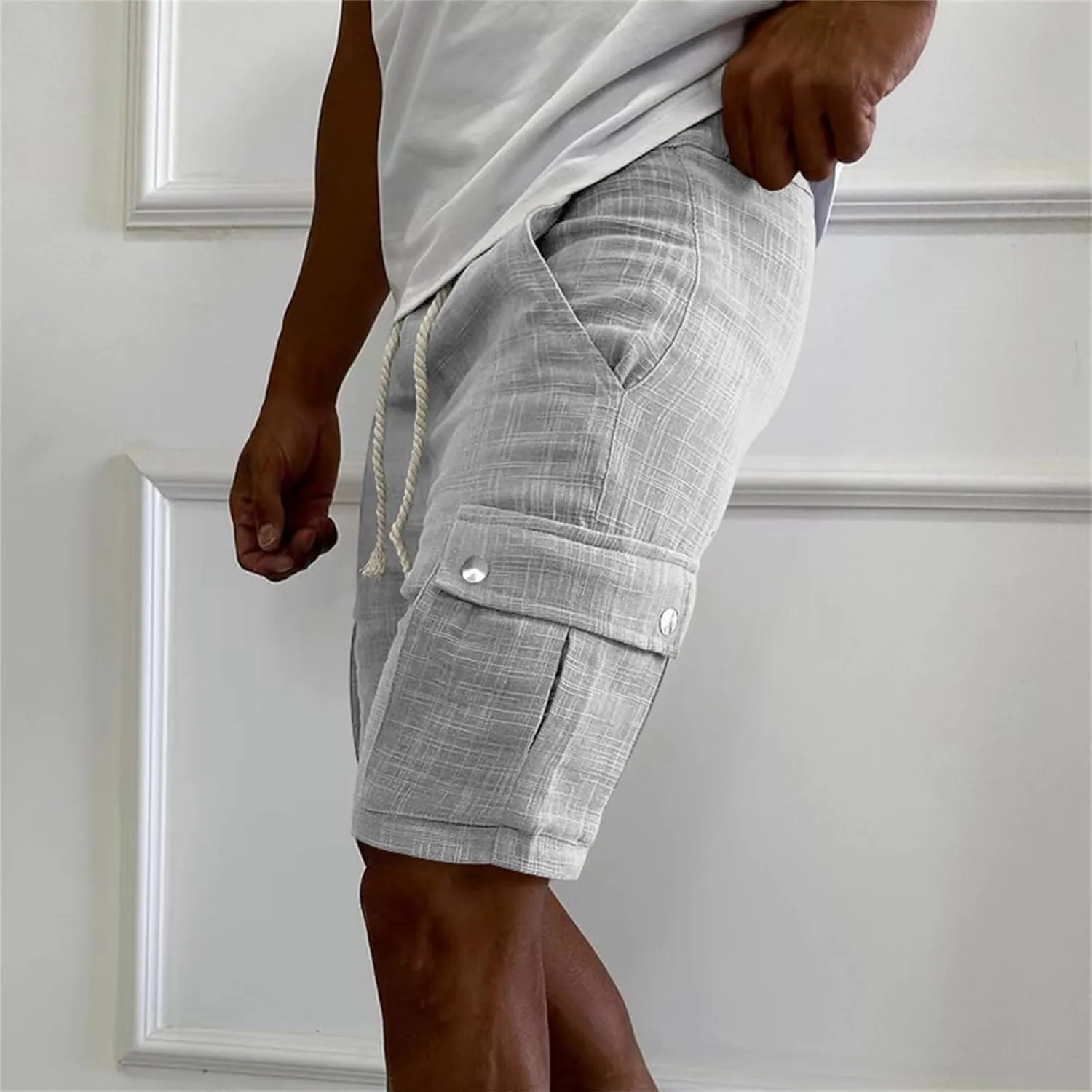 Men's Summer Cargo Shorts Slim Fit Texture Shorts Drawstring Stretchy Thin Pants Fashion Vacation Pants with Pockets