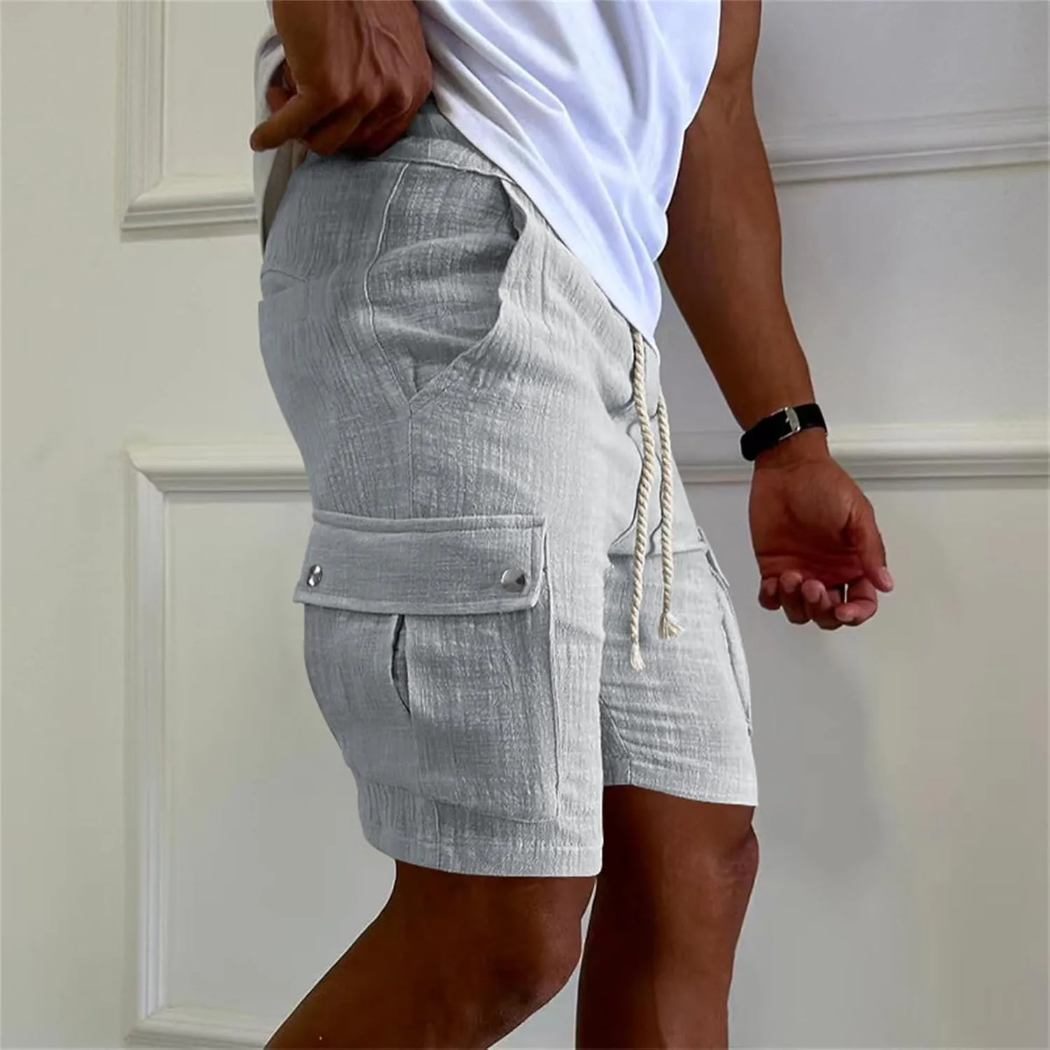 Men's Summer Cargo Shorts Slim Fit Texture Shorts Drawstring Stretchy Thin Pants Fashion Vacation Pants with Pockets