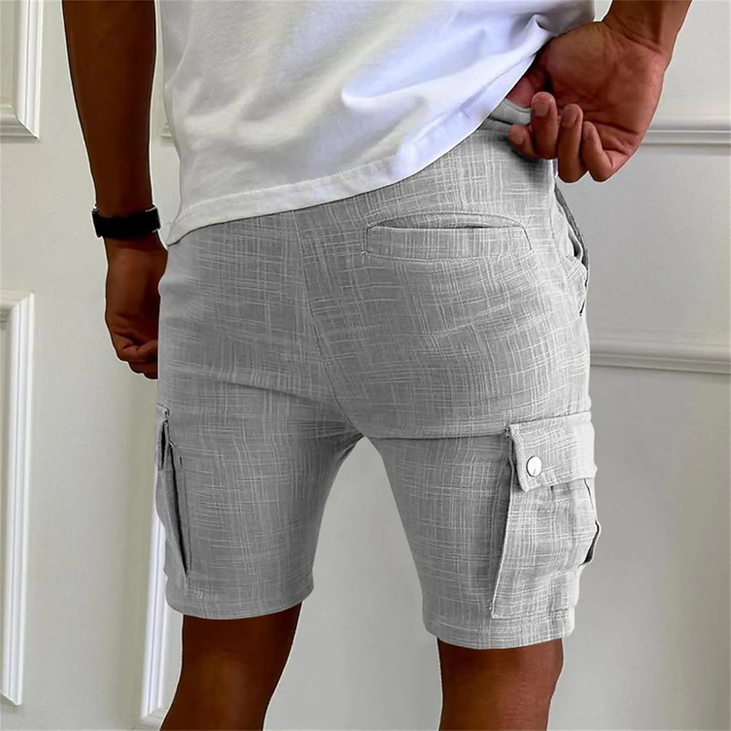 Men's Summer Cargo Shorts Slim Fit Texture Shorts Drawstring Stretchy Thin Pants Fashion Vacation Pants with Pockets
