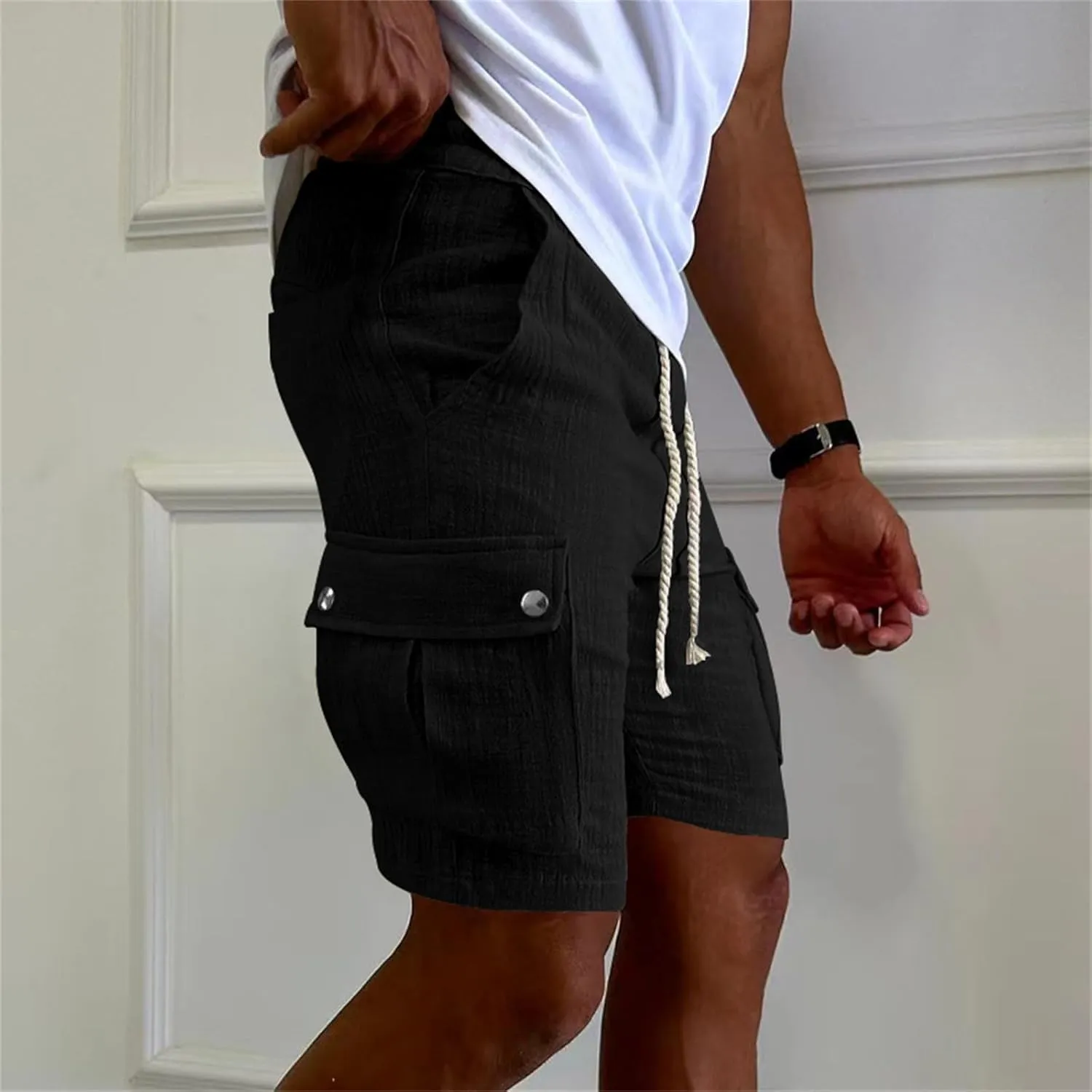 Men's Summer Cargo Shorts Slim Fit Texture Shorts Drawstring Stretchy Thin Pants Fashion Vacation Pants with Pockets