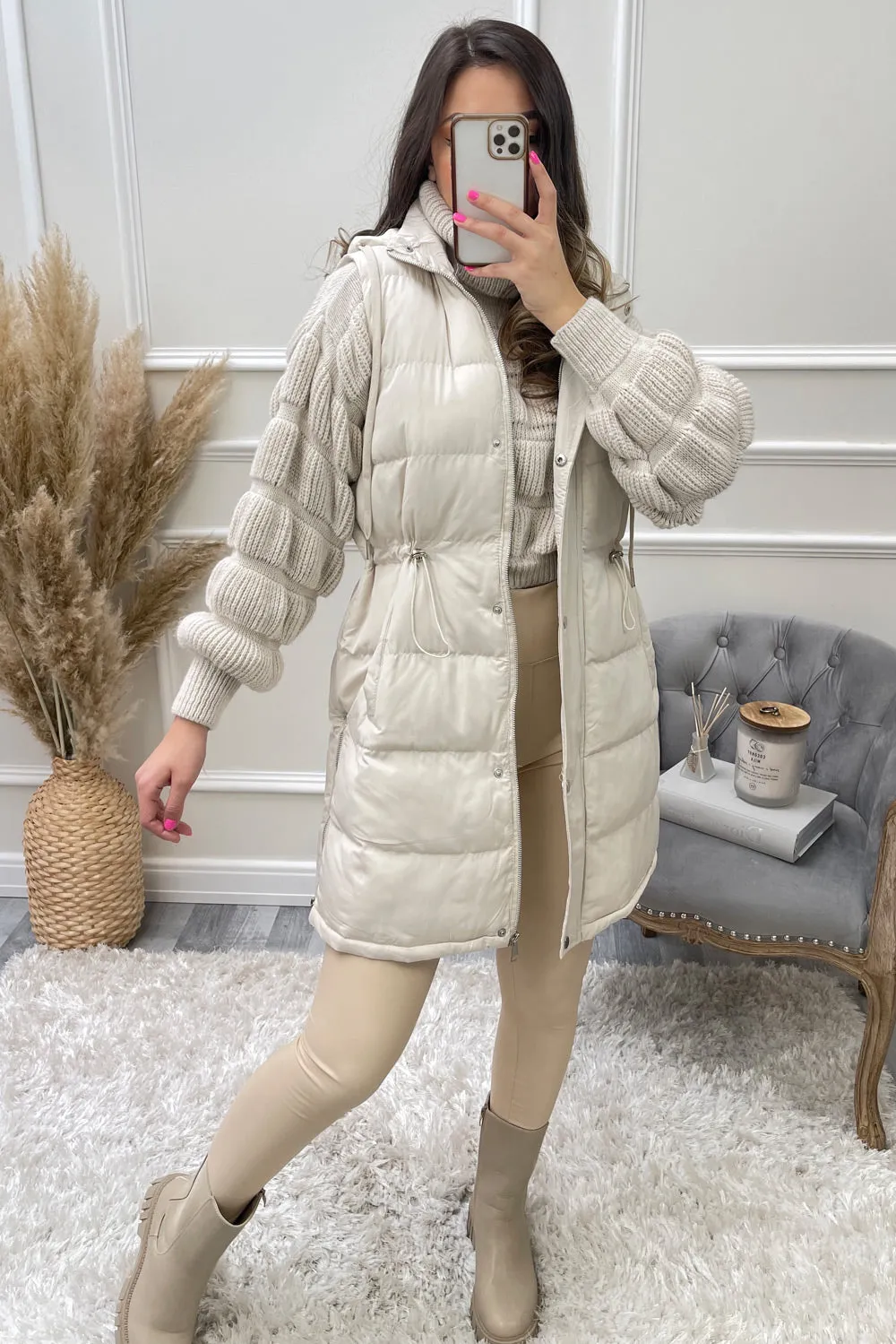 Mishka Beige Button Up Hooded Longline Gilet