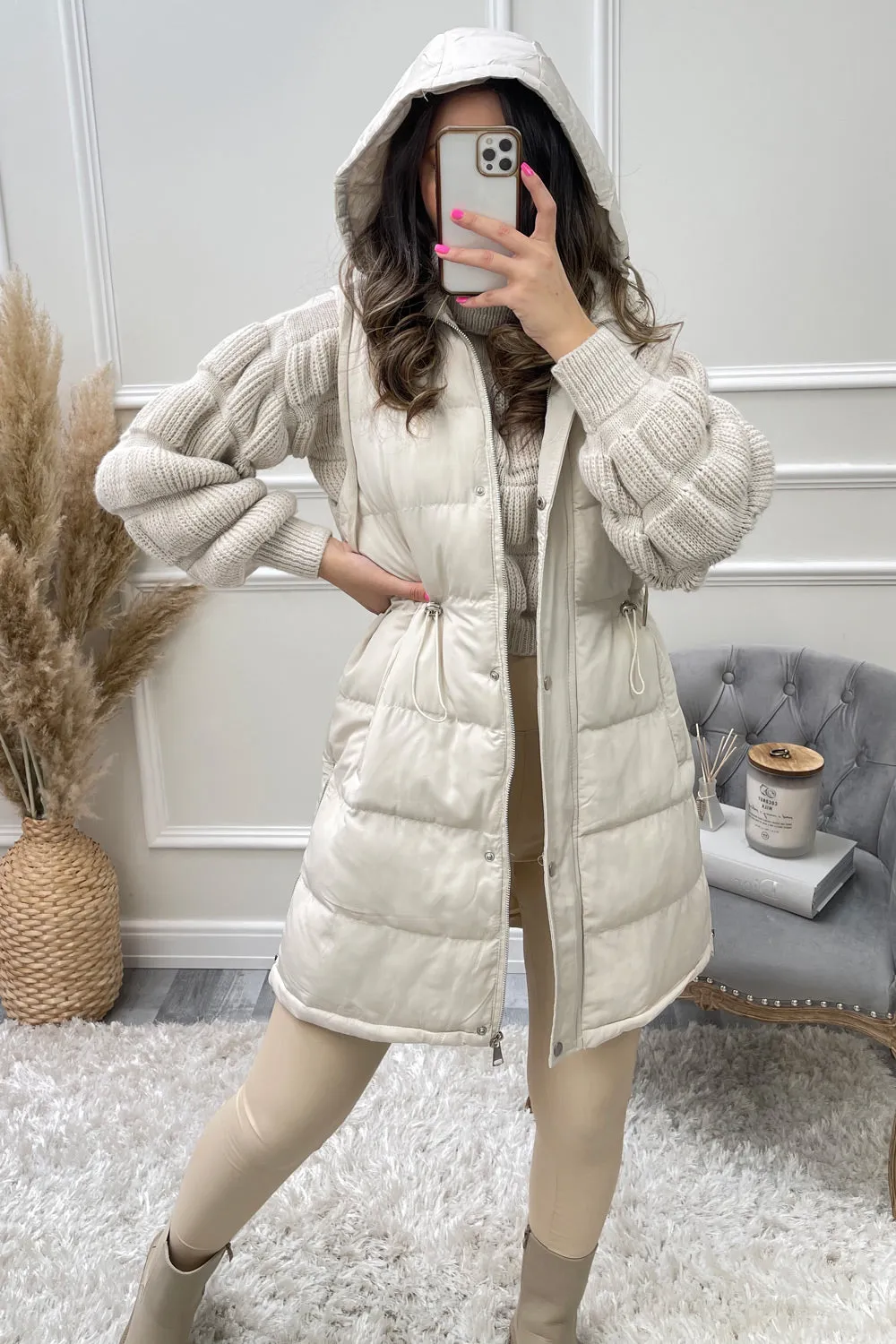 Mishka Beige Button Up Hooded Longline Gilet