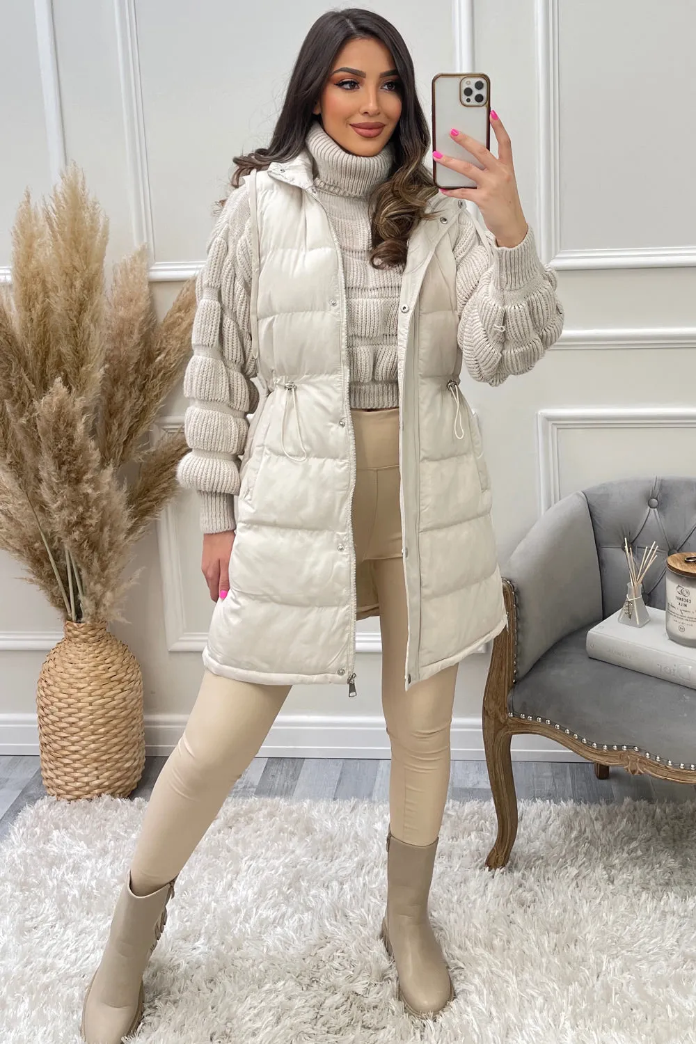 Mishka Beige Button Up Hooded Longline Gilet