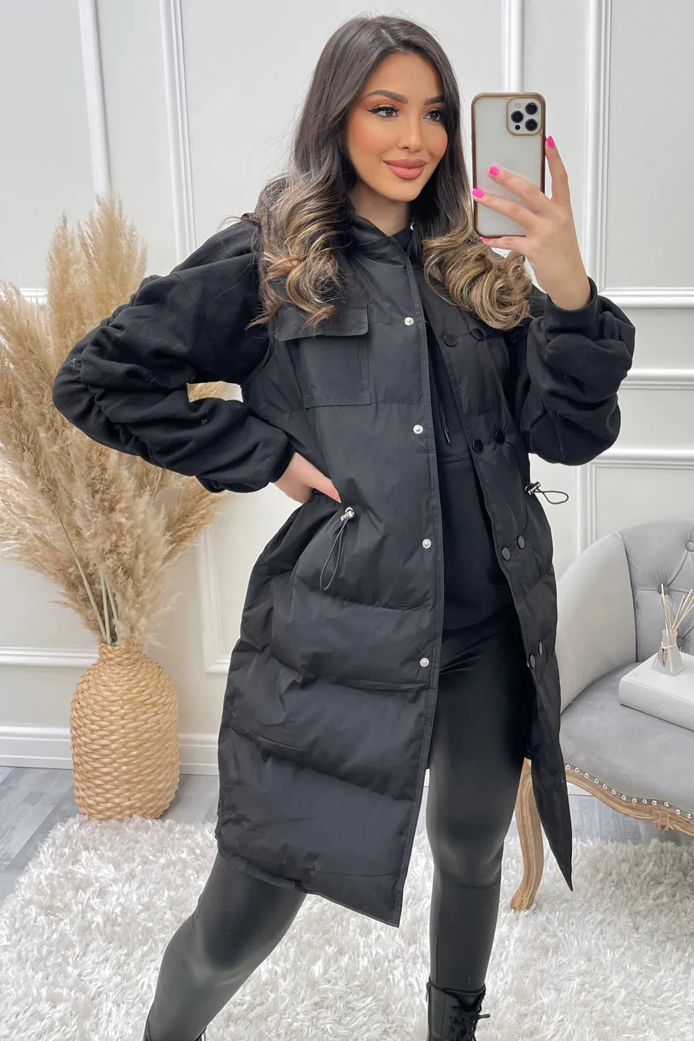 Mishka Black Button Up Hooded Longline Gilet