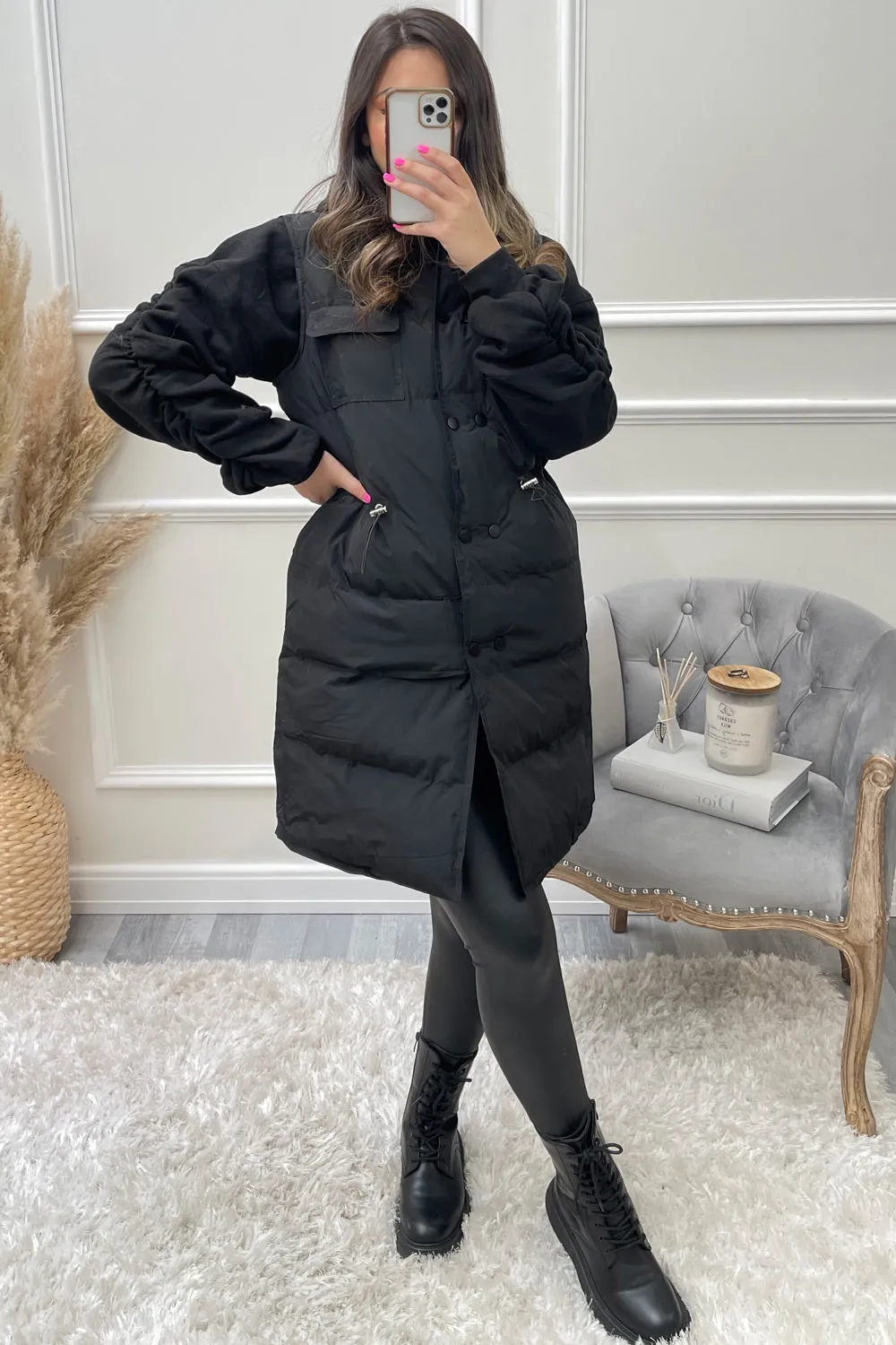 Mishka Black Button Up Hooded Longline Gilet