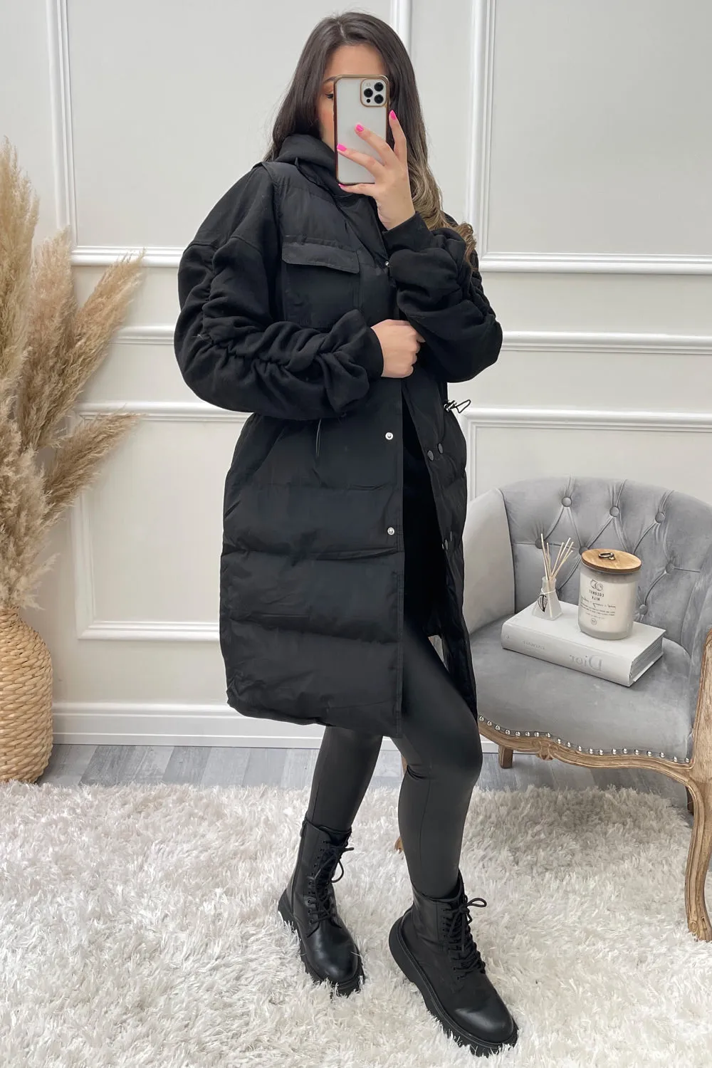 Mishka Black Button Up Hooded Longline Gilet