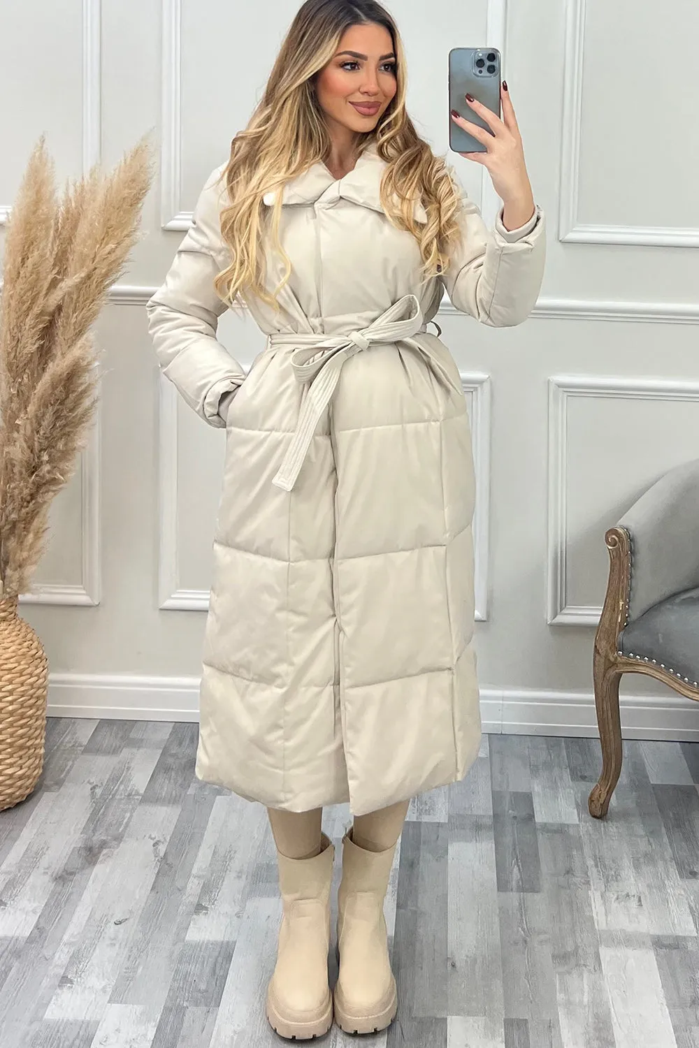 Mya Beige Belted Longline Padded Duvet Coat