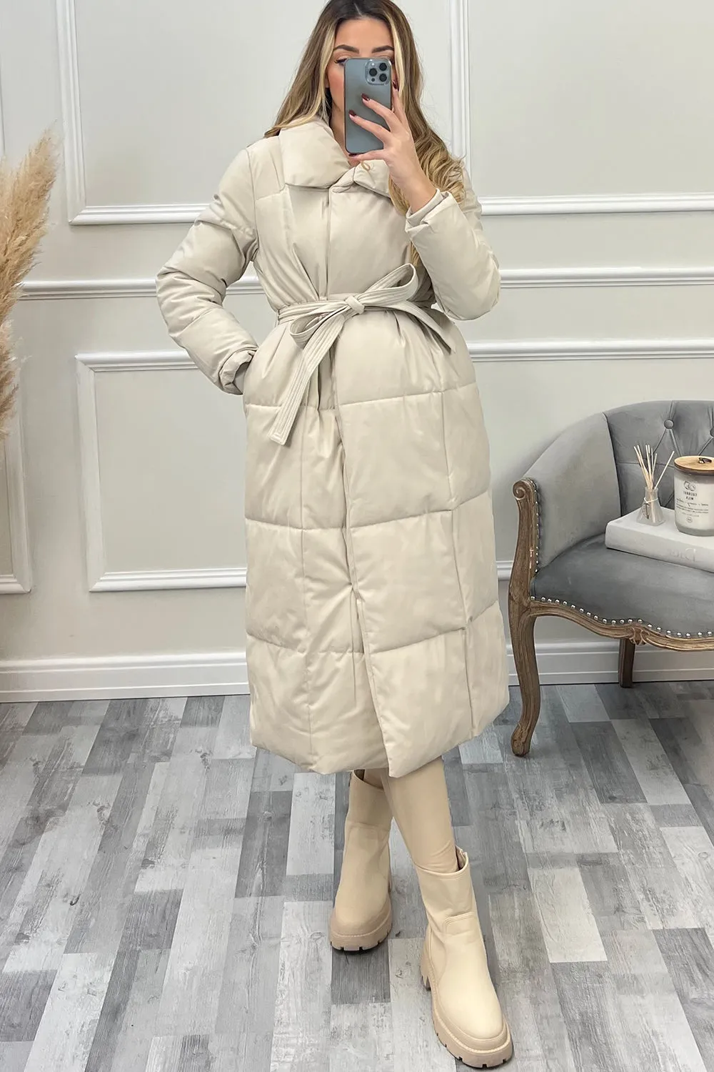 Mya Beige Belted Longline Padded Duvet Coat