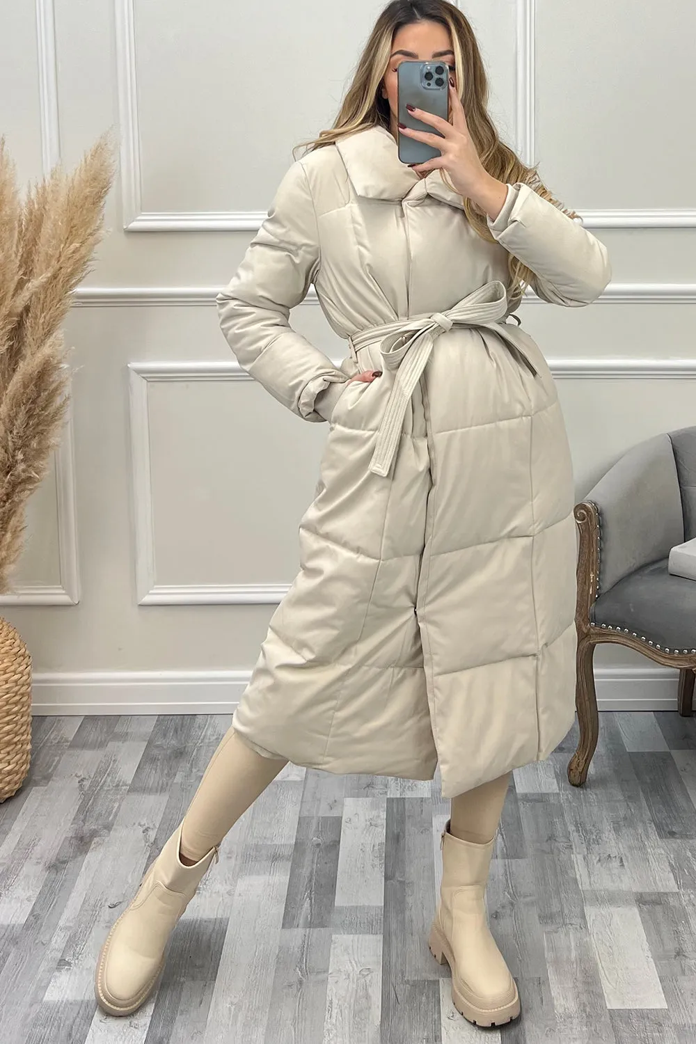 Mya Beige Belted Longline Padded Duvet Coat