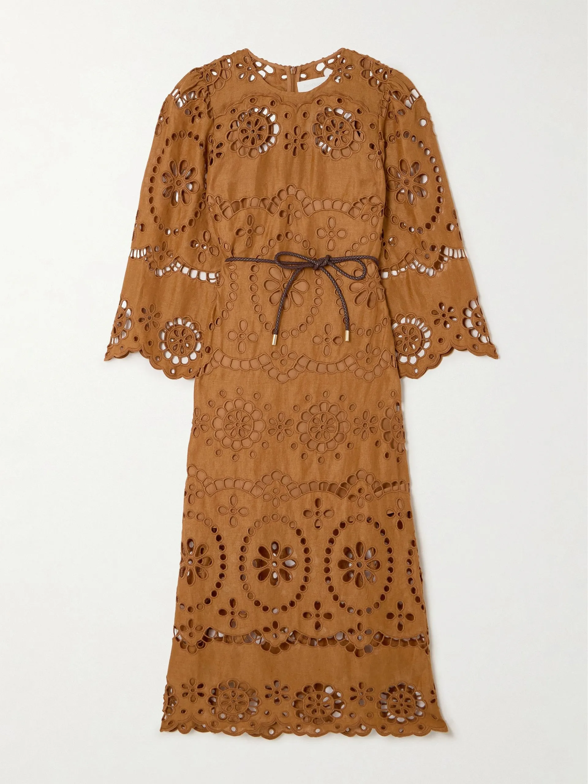 Pop belted scalloped broderie anglaise linen midi dress