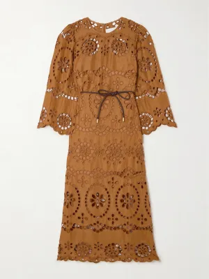 Pop belted scalloped broderie anglaise linen midi dress