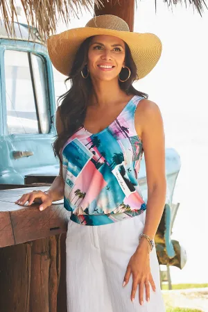 Postcard Print V Neck Blouson Tank Top Multi