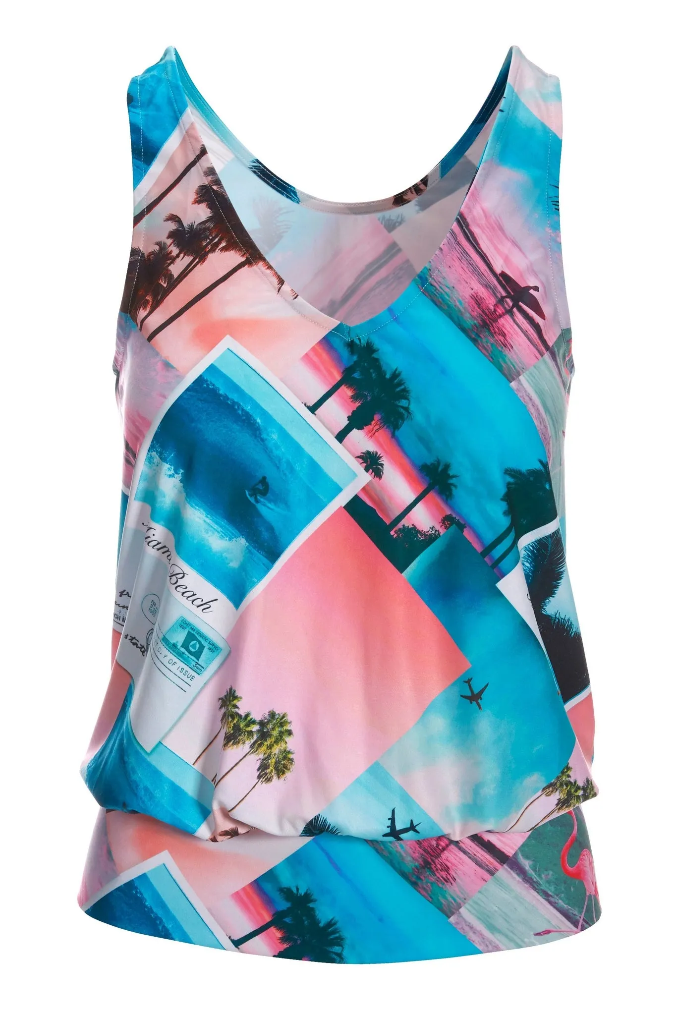 Postcard Print V Neck Blouson Tank Top Multi