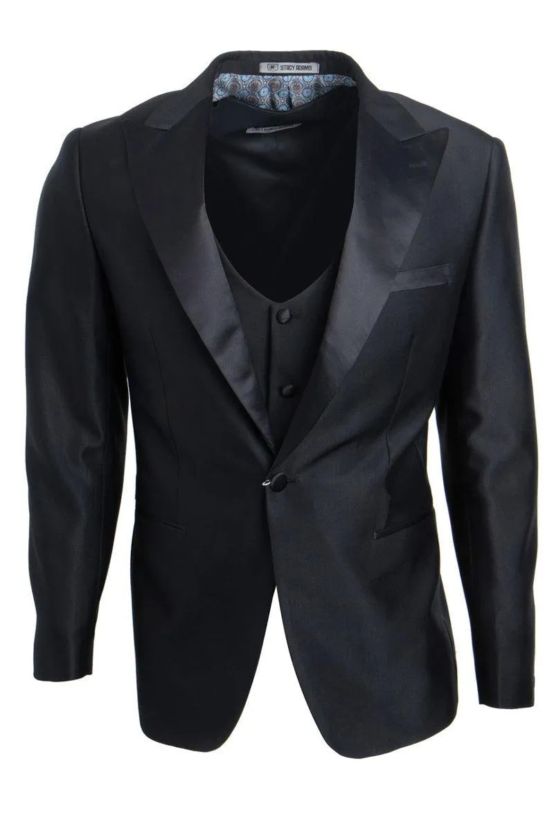 "Elegant Black Tuxedo for Prom and Wedding Celebrations: Stacy Adams' One Button Peak Lapel Masterpiece"