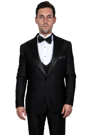 "Elegant Black Tuxedo for Prom and Wedding Celebrations: Stacy Adams' One Button Peak Lapel Masterpiece"