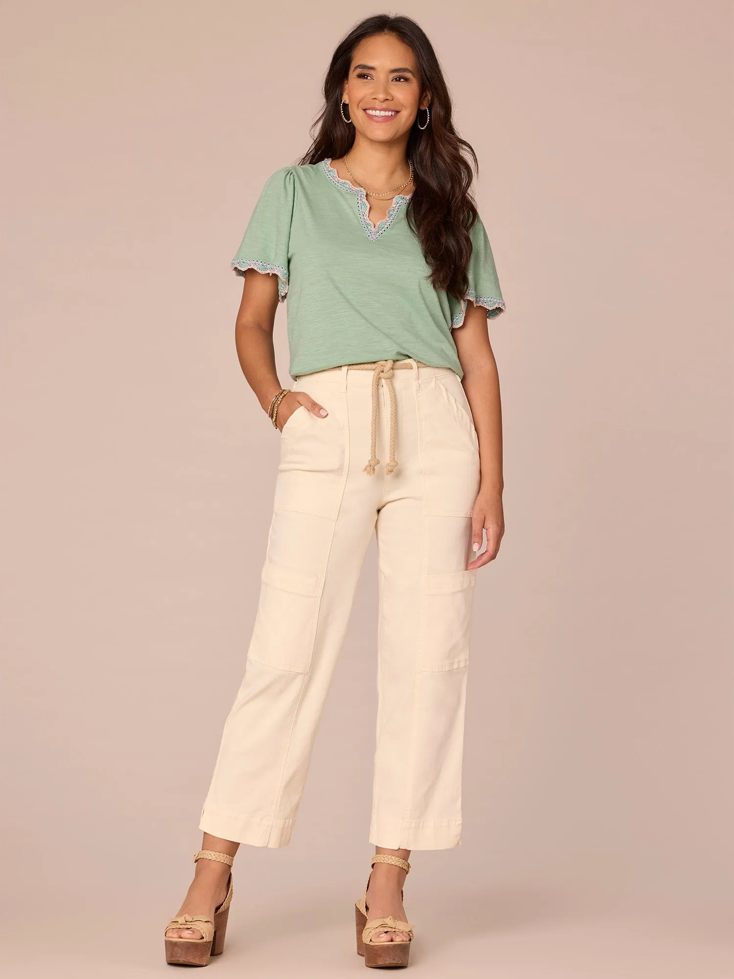 Short Bell Sleeve Scallop Crochet Edge Split V-Neck Petite Knit Top