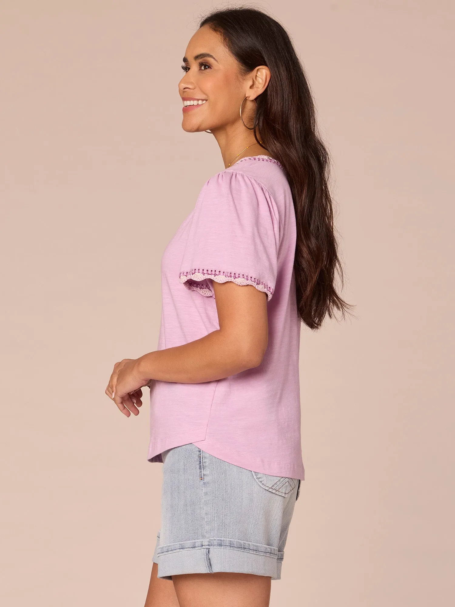 Short Bell Sleeve Scallop Crochet Edge Split V-Neck Petite Knit Top