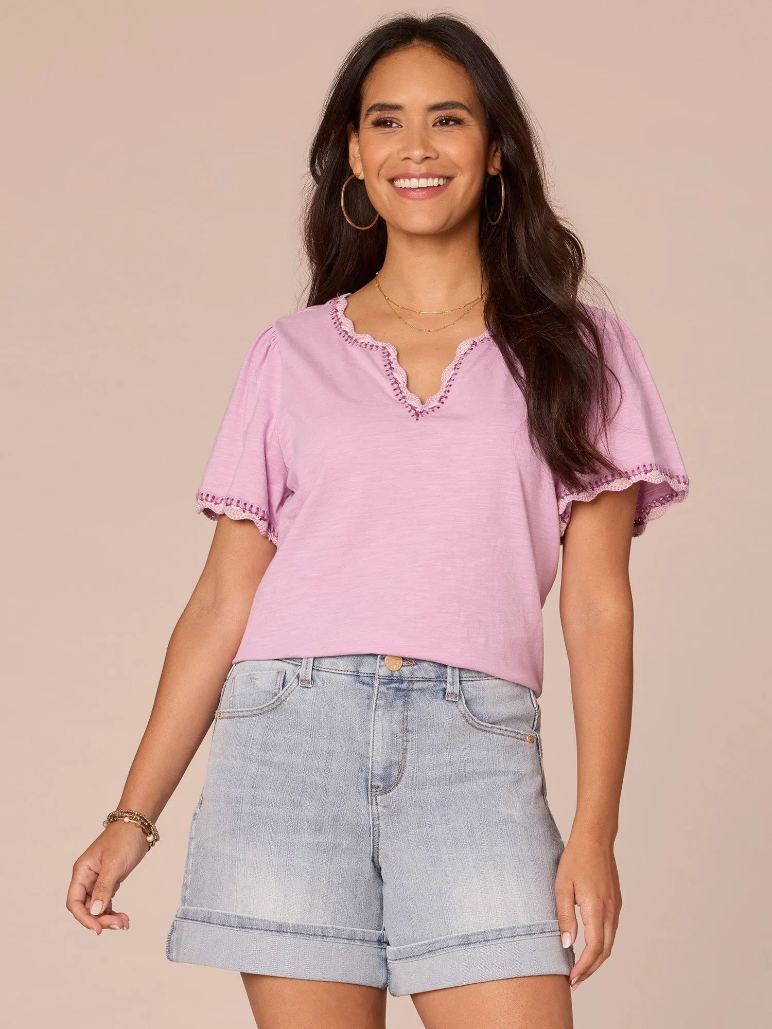 Short Bell Sleeve Scallop Crochet Edge Split V-Neck Petite Knit Top