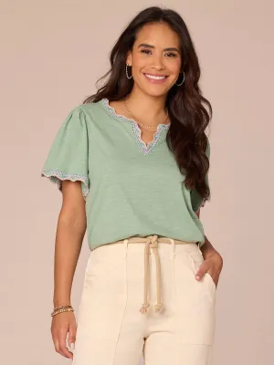 Short Bell Sleeve Scallop Crochet Edge Split V-Neck Petite Knit Top