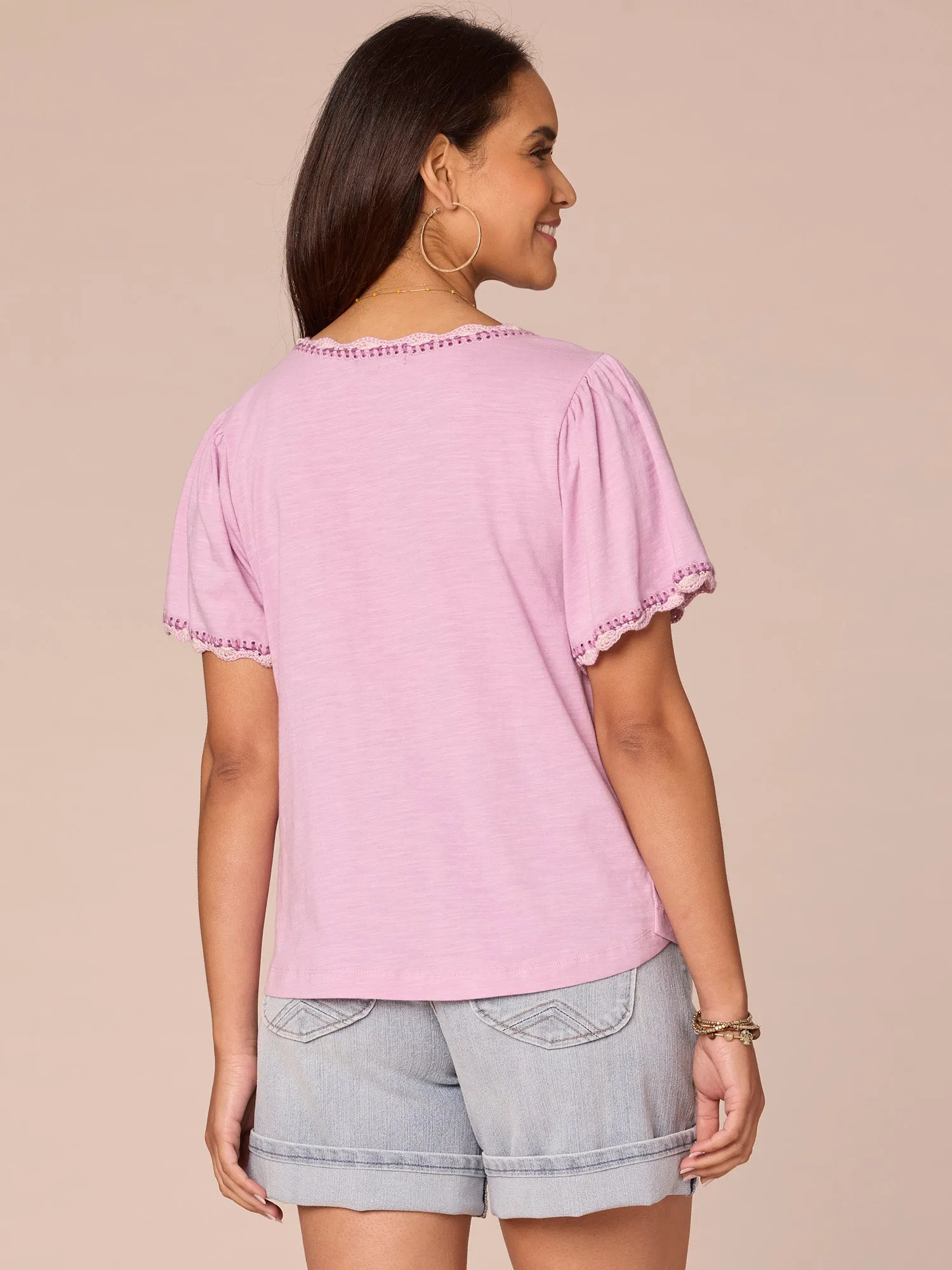 Short Bell Sleeve Scallop Crochet Edge Split V-Neck Petite Knit Top