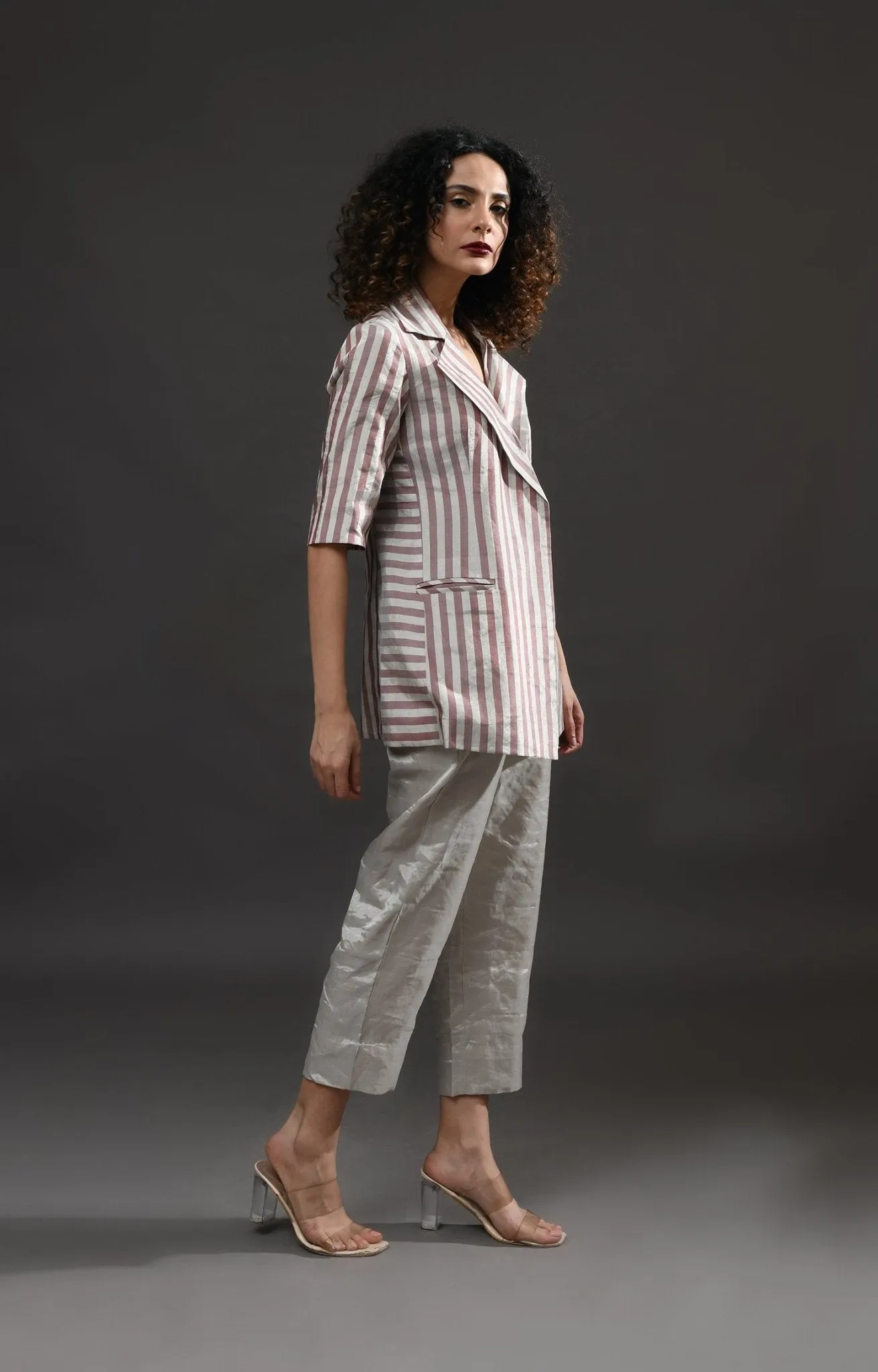 Striped Tissue Blazer Co-ord (Set of 2 )- Silver and Pink