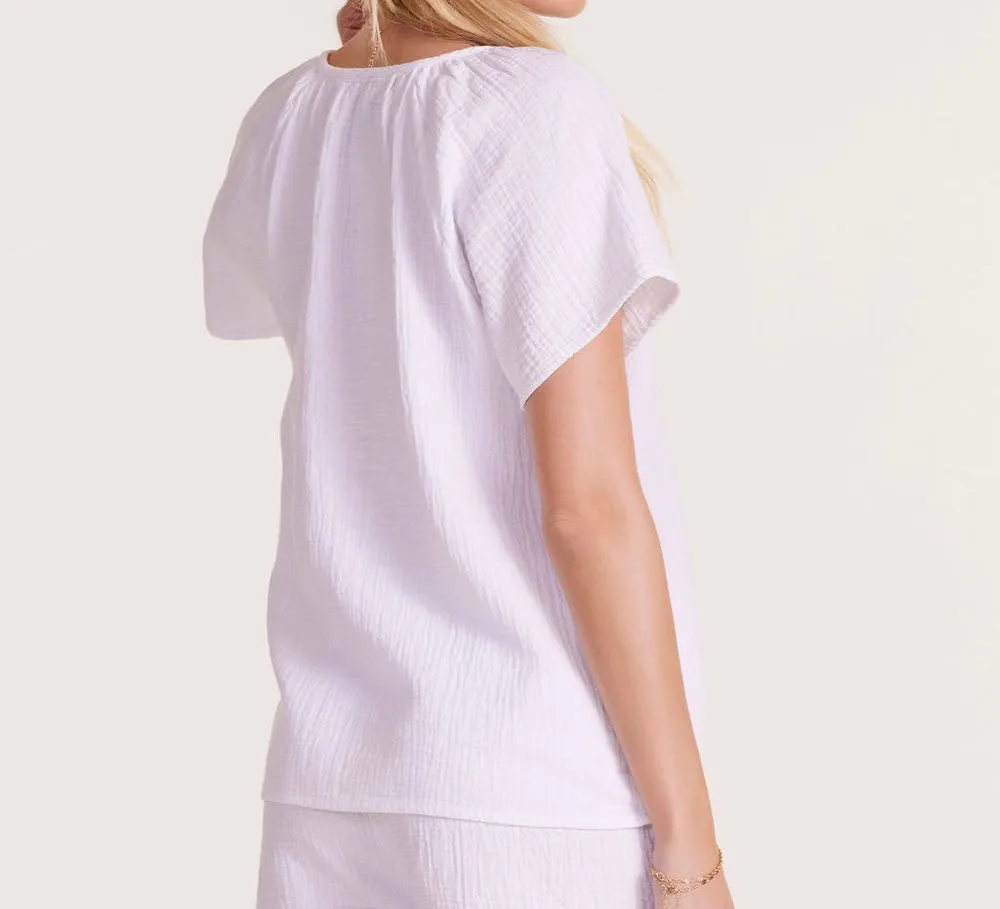 TERRY SHIRRED SHORT SLEEVE HENLEY BLOUSE