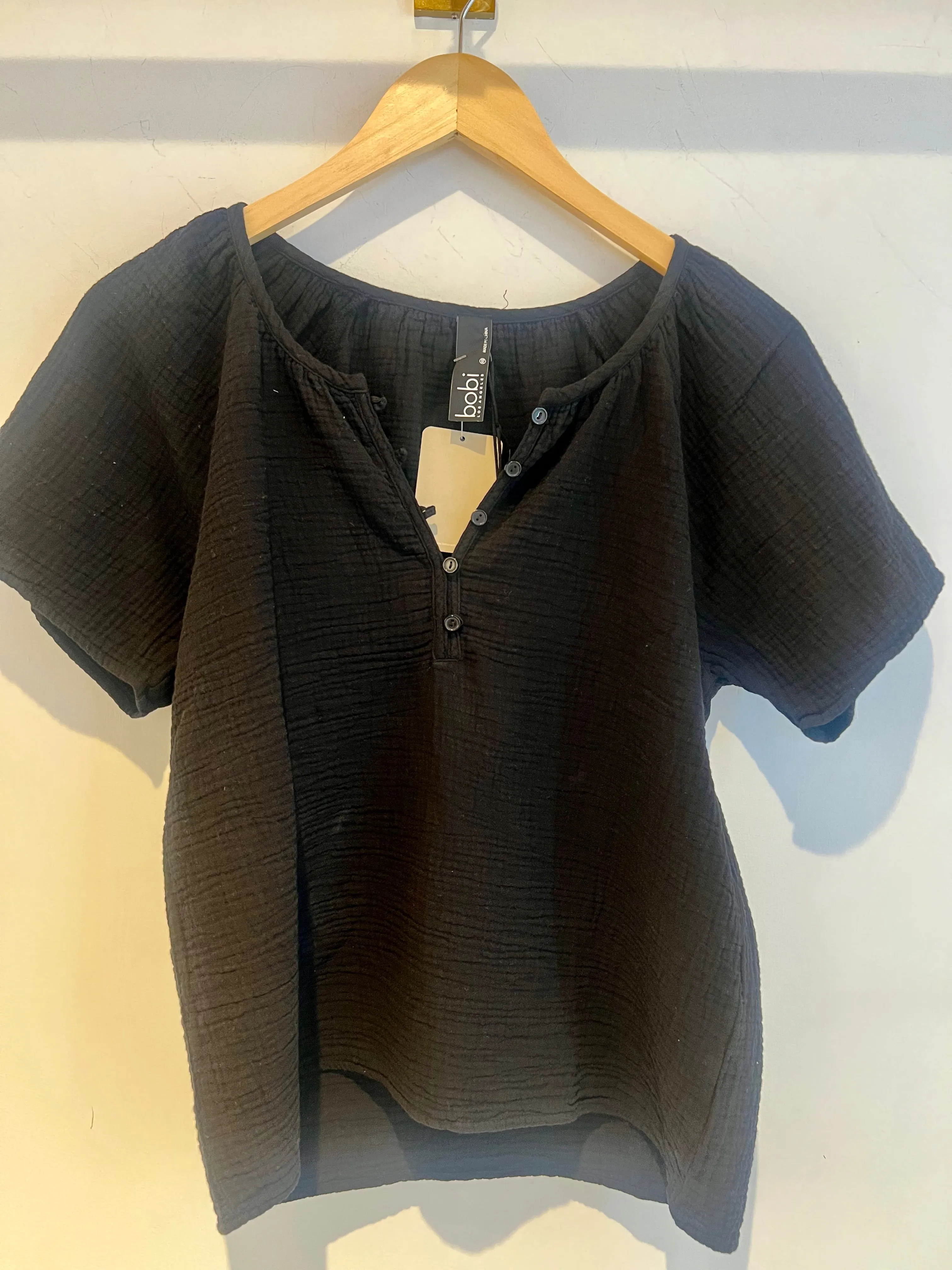 TERRY SHIRRED SHORT SLEEVE HENLEY BLOUSE