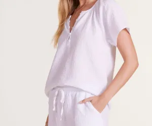TERRY SHIRRED SHORT SLEEVE HENLEY BLOUSE