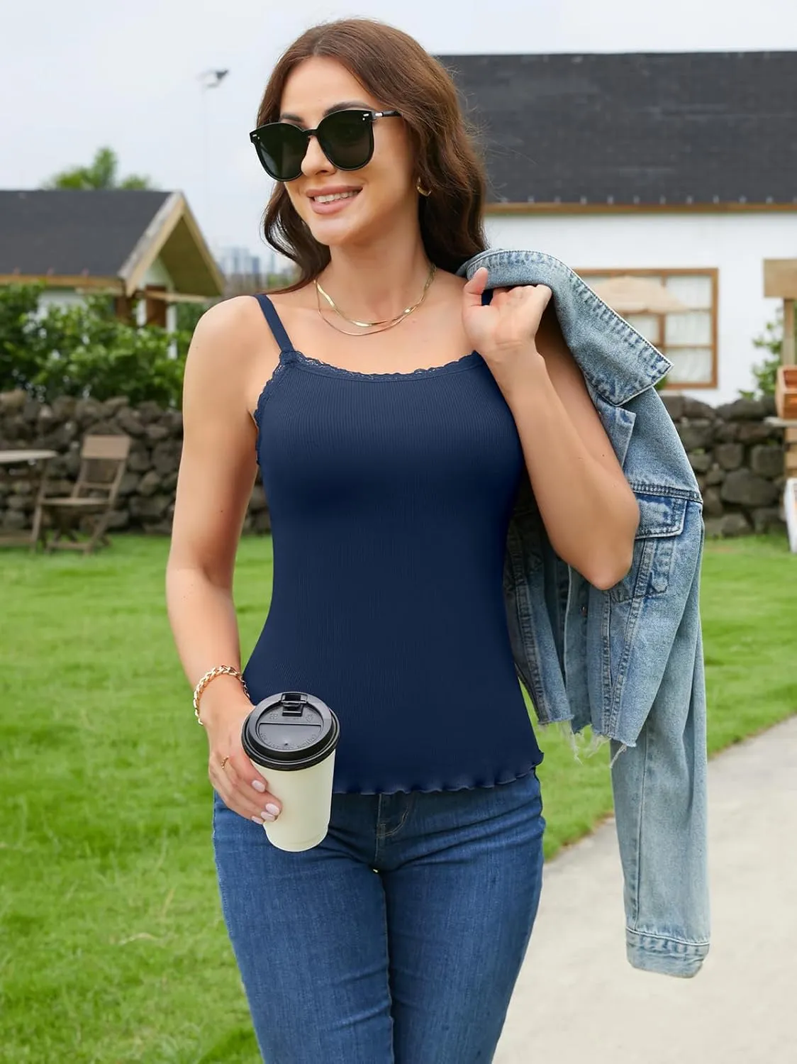 V FOR CITY Camisoles for Women with Built-in Bra Lace Trim Cami Adjustable Spaghetti Strap Lettuce Hem Ribbed Tank Top