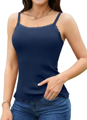 V FOR CITY Camisoles for Women with Built-in Bra Lace Trim Cami Adjustable Spaghetti Strap Lettuce Hem Ribbed Tank Top