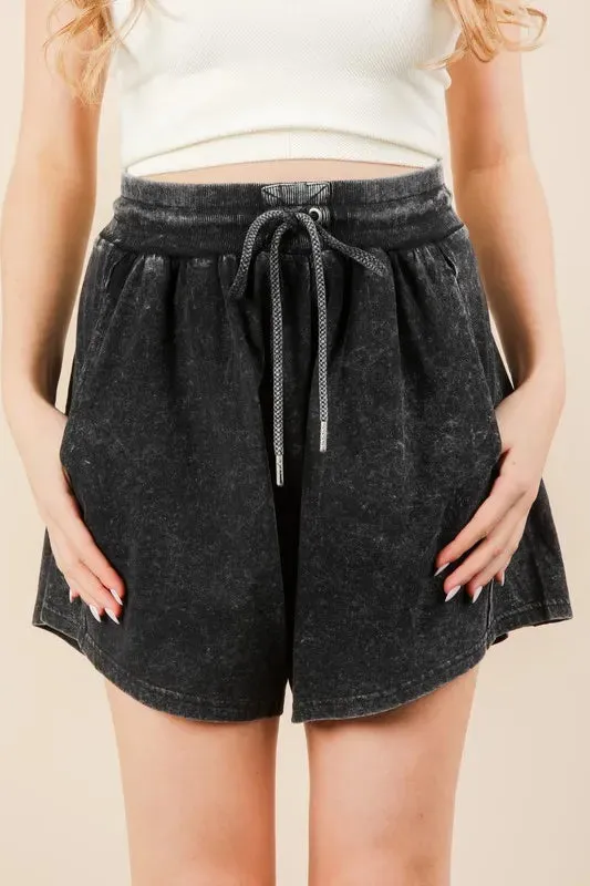 VERY J Mineral Washed Comfy Baggy Shorts In Black
