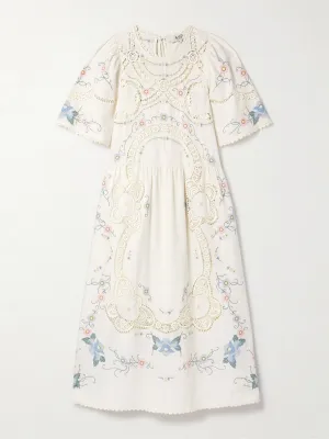 Vesna broderie anglaise-trimmed embroidered cotton and linen-blend midi dress