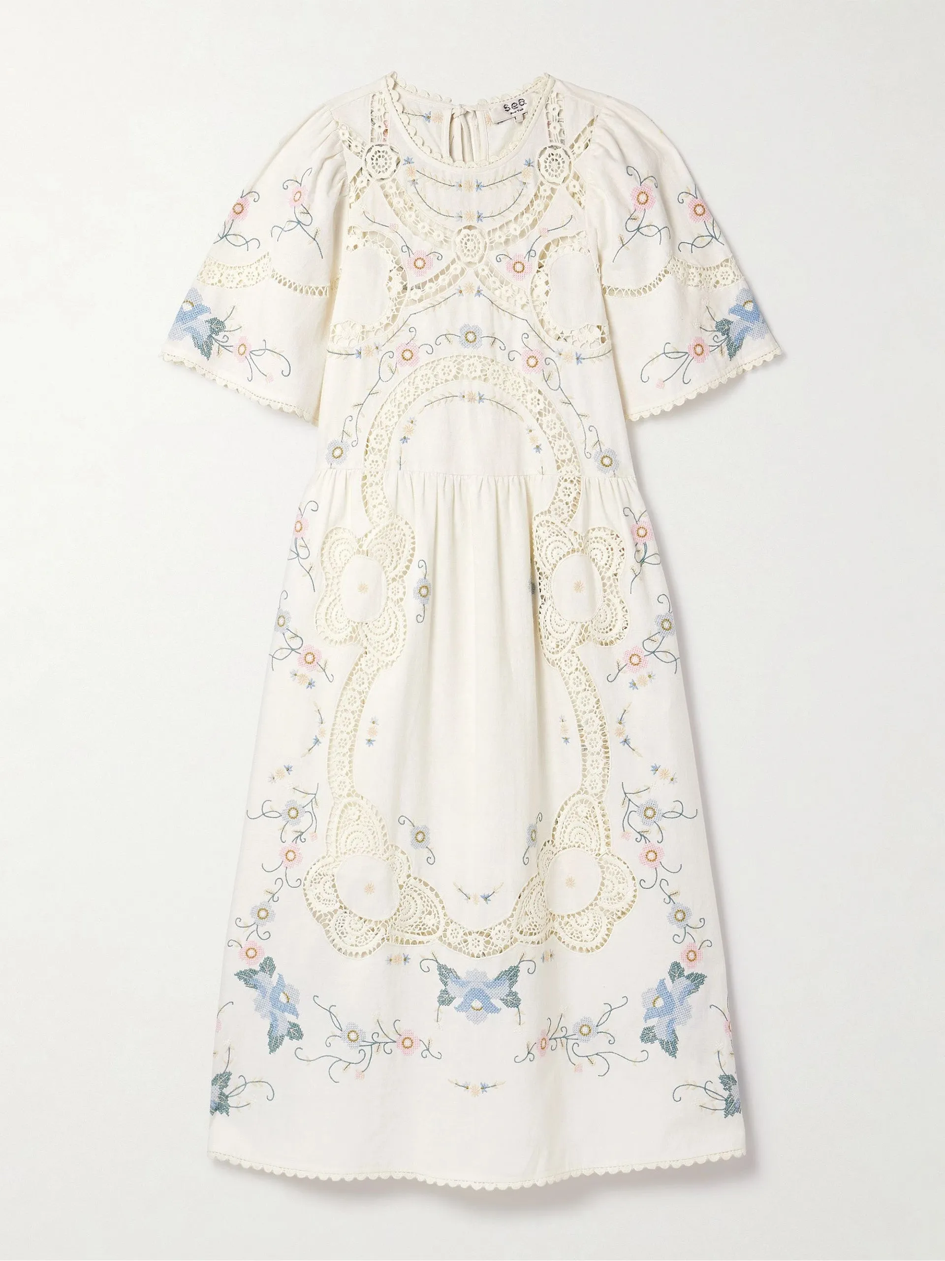 Vesna broderie anglaise-trimmed embroidered cotton and linen-blend midi dress