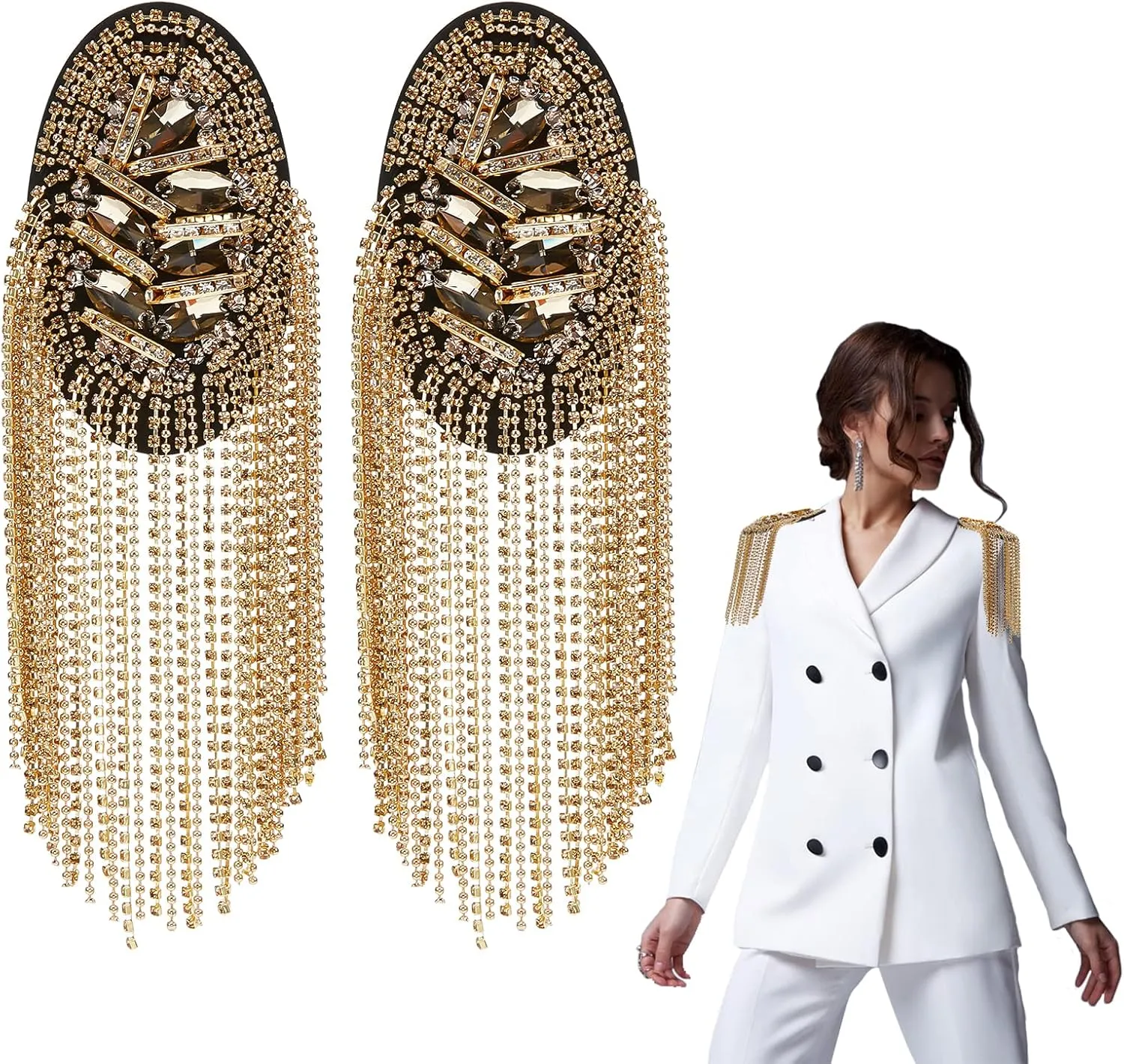 WEBEEDY 2pcs Metal Tassel Link Chain Epaulet Rhinestone Tassel Shoulder Epaulet Beaded Crystal Shoulder Boards Badge Brooch Pins Punk Epaulettes for Men Women Uniform Accessories (Gold)