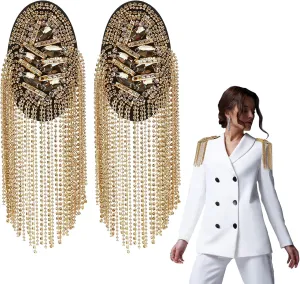 WEBEEDY 2pcs Metal Tassel Link Chain Epaulet Rhinestone Tassel Shoulder Epaulet Beaded Crystal Shoulder Boards Badge Brooch Pins Punk Epaulettes for Men Women Uniform Accessories (Gold)