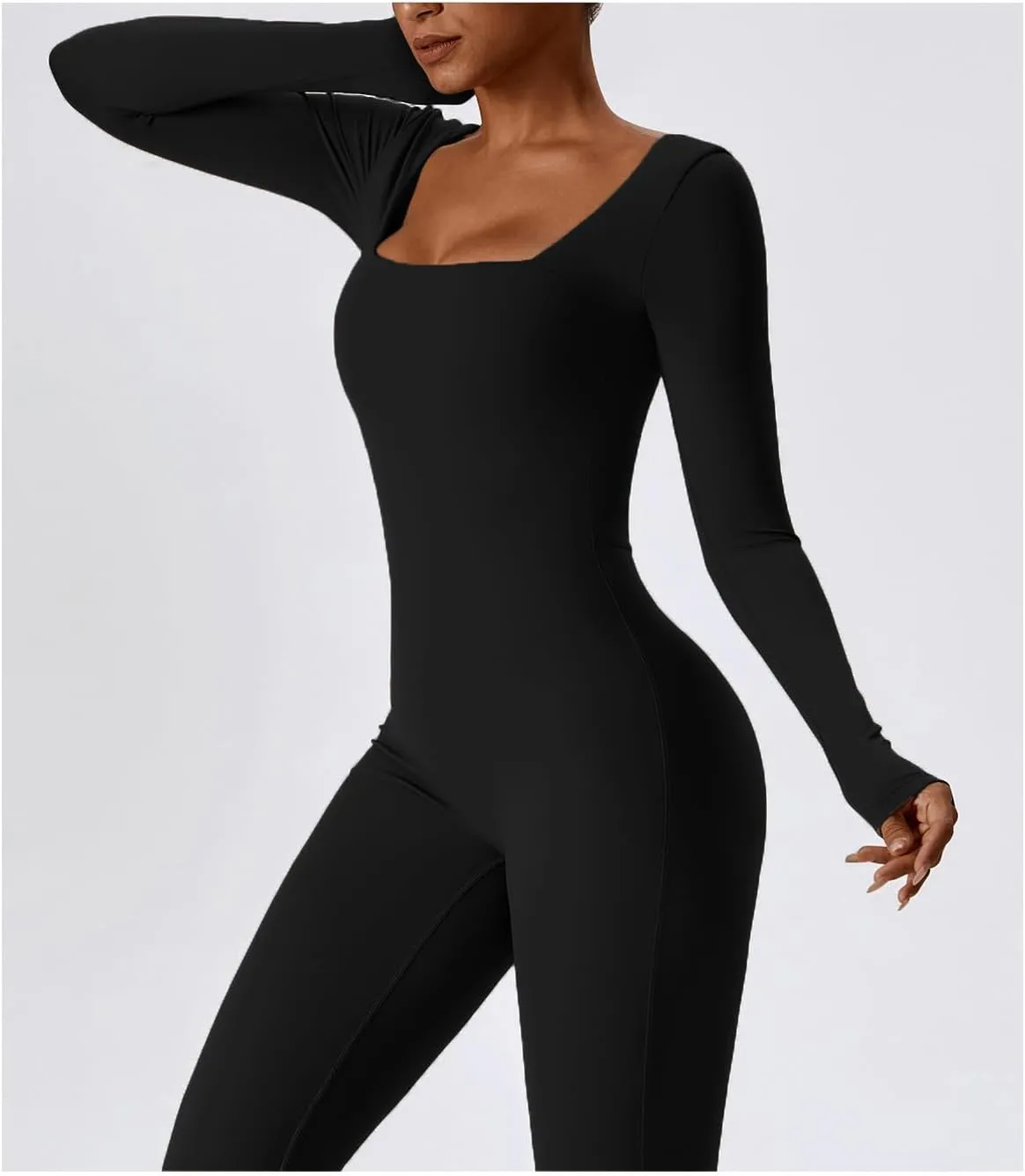 Women's Padded Bras Jumpsuits Long Sleeve Square Neck Wide Leg Full Length Romper Playsuit
