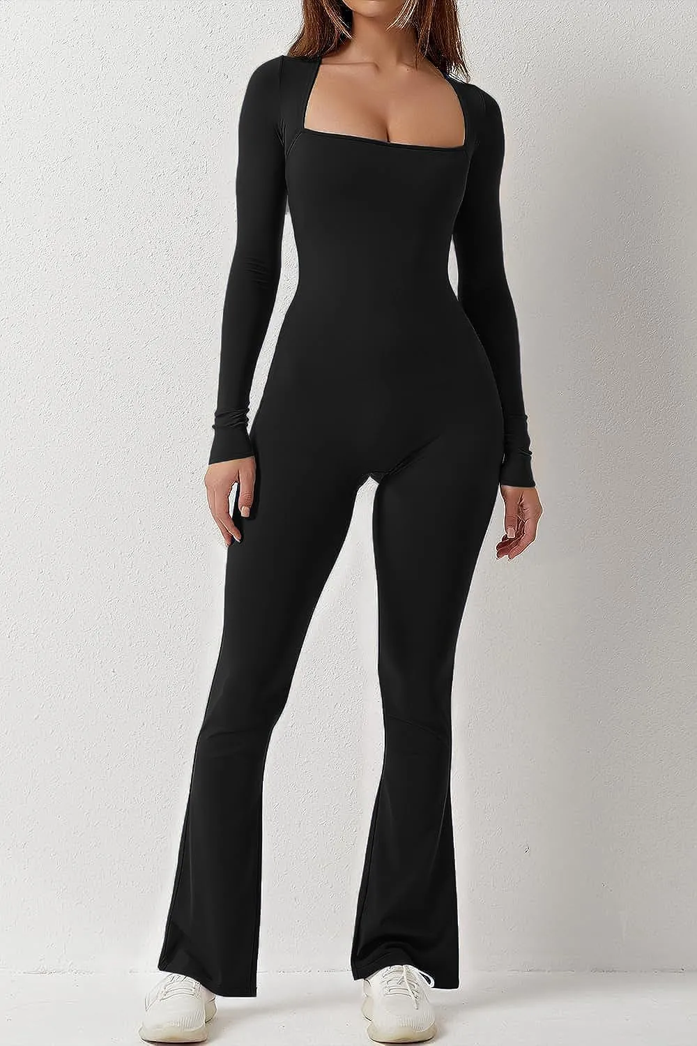 Women's Padded Bras Jumpsuits Long Sleeve Square Neck Wide Leg Full Length Romper Playsuit