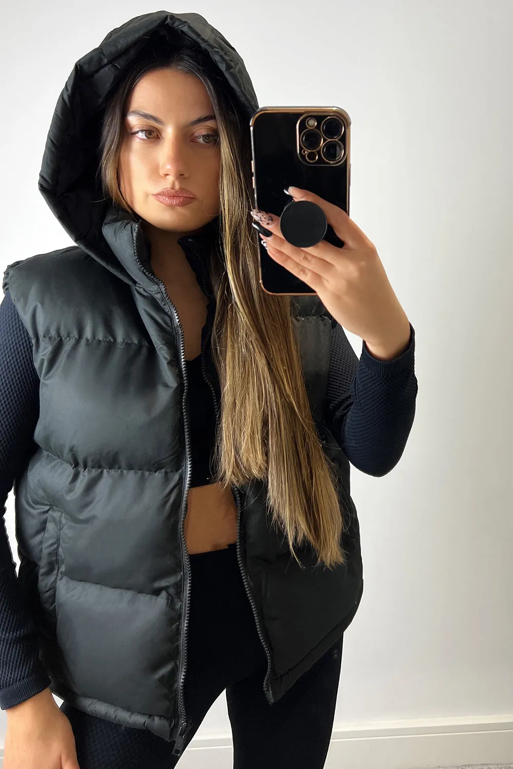 Yolanda Black Cropped Hood Padded Gilet